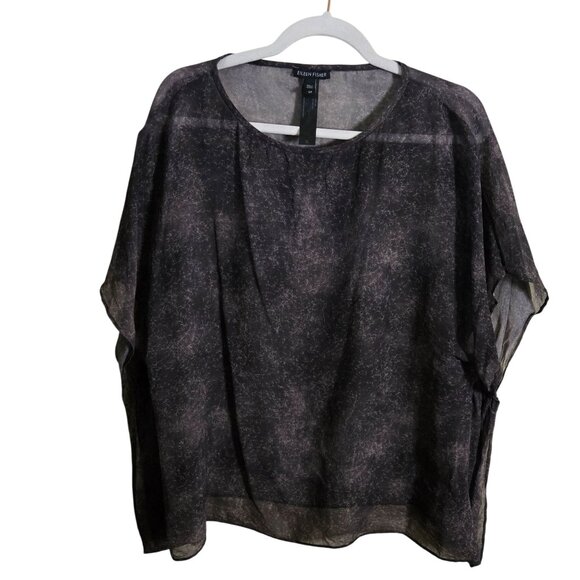 Eileen Fisher 100% Silk Scoop Neck Kimono Sleeve Lagonlook Gray Brown Top Size S - Picture 2 of 7